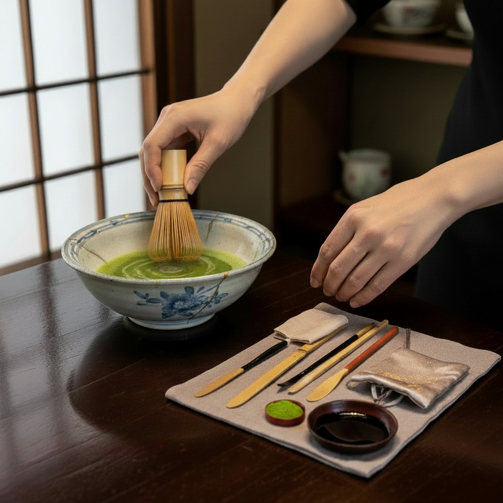 IMG_2970 Modifier avec IA-Photoroom | Kintsugi by Myriam GREFF Person whisking matcha in a ceramic bowl; traditional tea utensils arranged on a mat nearby.