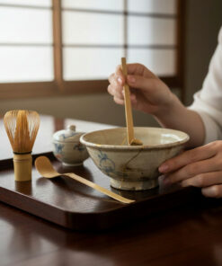 Person lifts noodles from a ceramic ramen bowl with wooden chopsticks on a dark wooden tray.