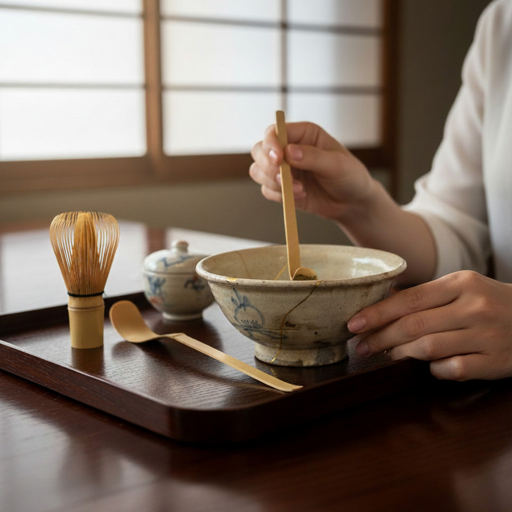 IMG_2973 Modifier avec IA-Photoroom | Kintsugi by Myriam GREFF Person lifts noodles from a ceramic ramen bowl with wooden chopsticks on a dark wooden tray.