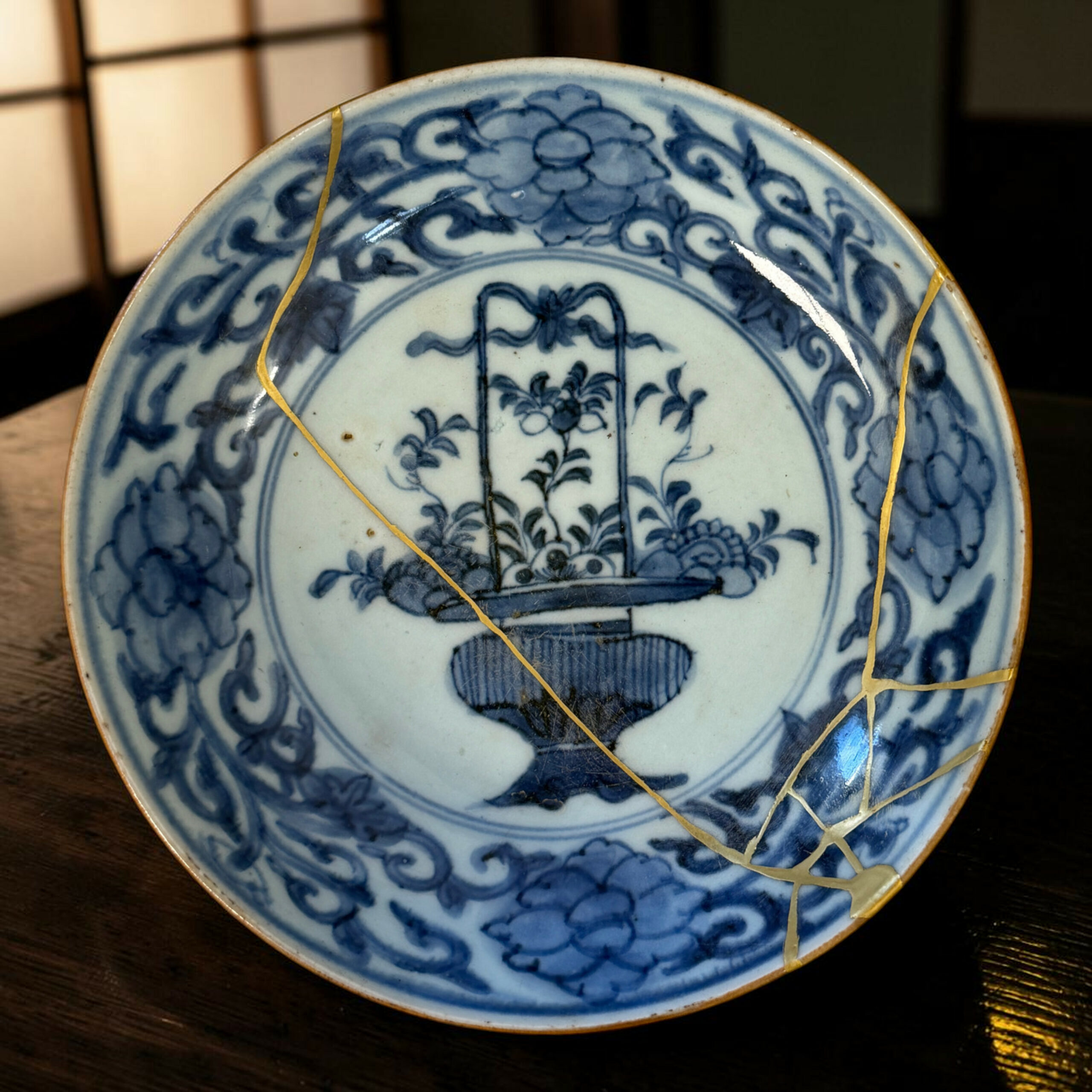IMG_3114-Photoroom | Kintsugi by Myriam GREFF Blue-and-white porcelain plate with a decorative pattern, showing gold repair seams (kintsugi) and a tree motif, on a wooden surface