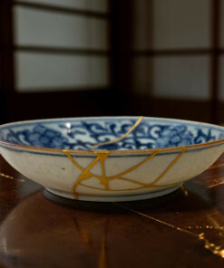 Blue-and-white ceramic bowl on a dark wooden table with yellow string wrapping around its rim.