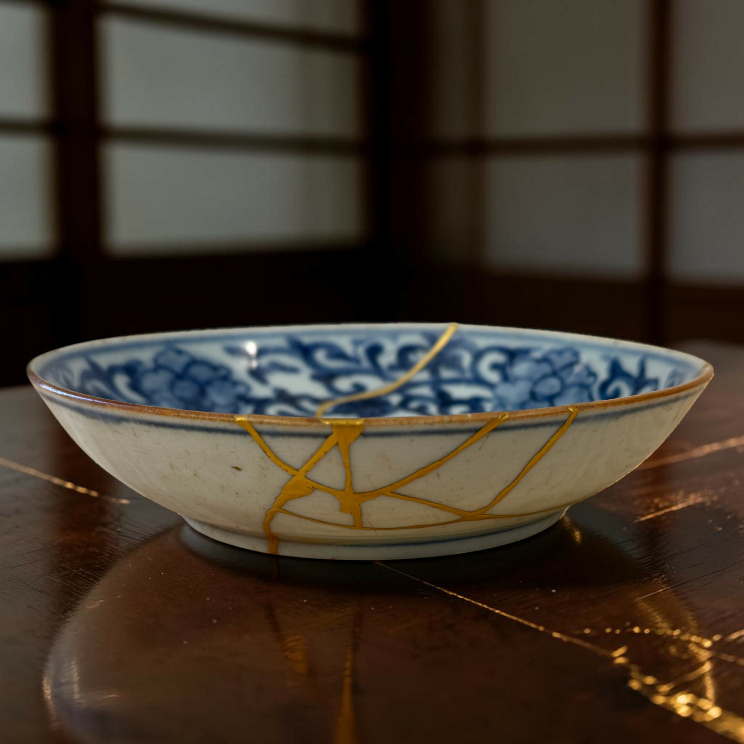IMG_3115-Photoroom | Kintsugi by Myriam GREFF Blue-and-white ceramic bowl on a dark wooden table with yellow string wrapping around its rim.