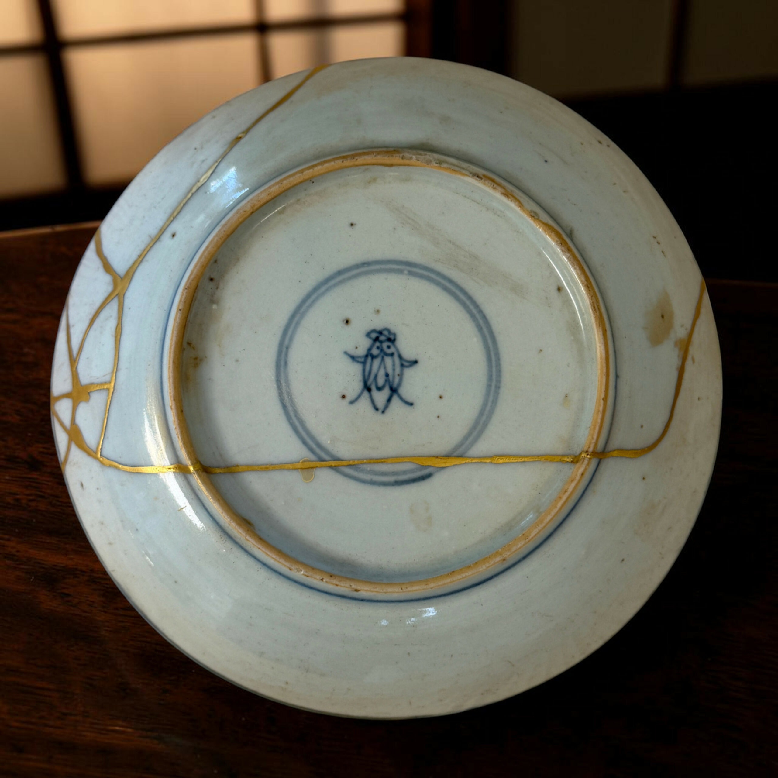 IMG_3116-Photoroom | Kintsugi by Myriam GREFF Close-up of a light blue porcelain plate with a gold rim resting on a dark wooden table.